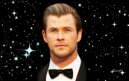 Chris Hemsworth - actor, by cehenot, stars, man, black, white, Chris Hemsworth, blond, blue eyes