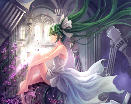 Flowing - sitting, hot, roses, sundress, anime girl, wind, white, art, petals, hatsune miku, sexy, blow, lady, long hair, vocaloids, floral, flowing, vocaloid, pink, beautiful, sweet, dress, beauty, woman, female, ribbons, twintail, columns, miku hatsune, beautyy, gorgeous, windy, pretty, anime, miku, cute, twin tail, maiden, sit, girl, flow, twintails, lovely, cg, hatsune, hd, twin tails, blowing, blossom, breeze, green hair, flower