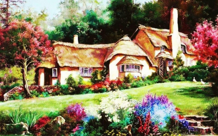 cottage - cottage, paint, art, flower