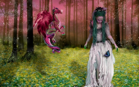 fantasy girl - girl, forest, dragon, field, fantasy