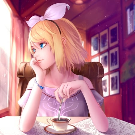 Cup of Coffee - sundress, anime girl, blonde hair, kagamine, table, trea, coffee, lady, kagamine rin, vocaloids, chair, vocaloid, beautiful, sweet, dress, nice, realistic, beauty, kitchen, female, blond, home, rin, pretty, anime, blouse, house, short hair, girl, lovely, cg, cup, hd, blonde