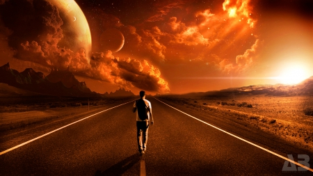 road through another world - space, street, horizon, rocks, road, outlands, stars, abstract, nature, sunset, mountains, world, landscape, sun, art, sky, skyphoenixx1, clouds, planet, desert, guy, man