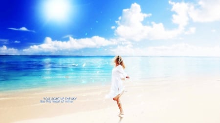 Light up my Summer... - woman, women, girls, sky, sunshine, beach, paradise, sun, water, coast, vacation, clouds, holiday, skyphoenixx1, ocean, girl, shore, summer, waves, abstract, blue, sea