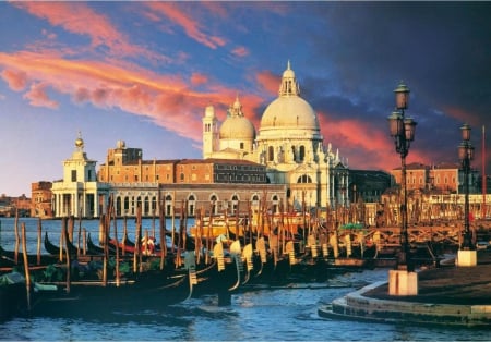 Venice Sunset - clouds, boats, water, gongolas, buildings, pier, dome