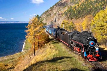 Bajkal Lake Express - train, autumn, railways, landscape, russia, water, steam