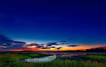 Sunset - clouds, boats, sunset, nature, splendor, sea, grass, sky