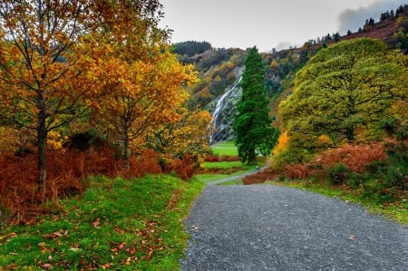 Autumn - autumn, sky, trees, water, colorful, mountains, path, road, fall, clouds, walk, park, autumn splendor, nature, forest, leaves, colors