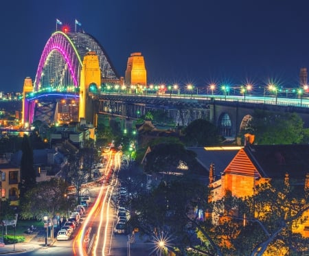 Sydney Harbor - lights, evening, colors, buildings, australia