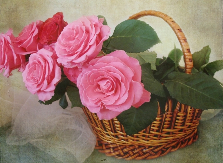 BASKETS OF ROSES - basket, roses, pink, wall