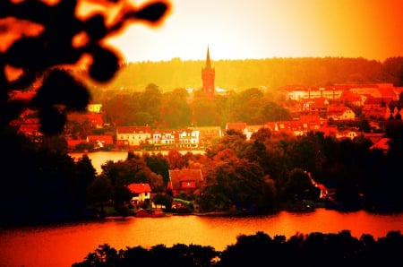 Sunset in Lake Nature - sky, reflections, village, trees, church, sun, autumn