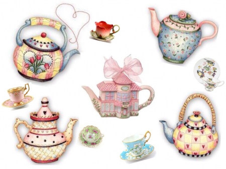 Anyone for Tea - Teapots, Saucers, Cups, Colourful