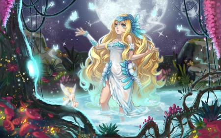 Magical Night - pretty, anime, magic, female, maiden, dress, blonde, blond hair, night, light, magical, long hair, blond, hd, sparks, nice, moon, gown, anime girl, water, beautiful, girl, blonde hair, beauty, lovely, sweet, fantays, cg, glow, lady, fairy, butterfly