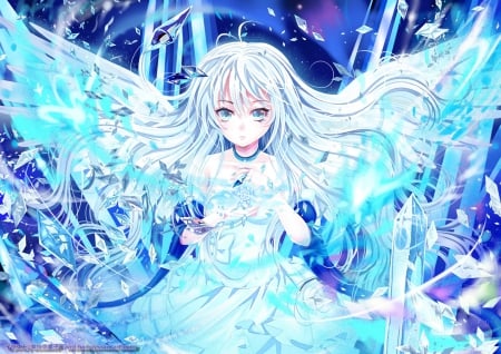 Flakes - anime girl, girl, wings, fantasy, magic, magical, winter, pretty, wing, sweet, silver hair, anime, hd, cg, flakes, long hair, nice, lovely, snowflakles, female, angel, snow