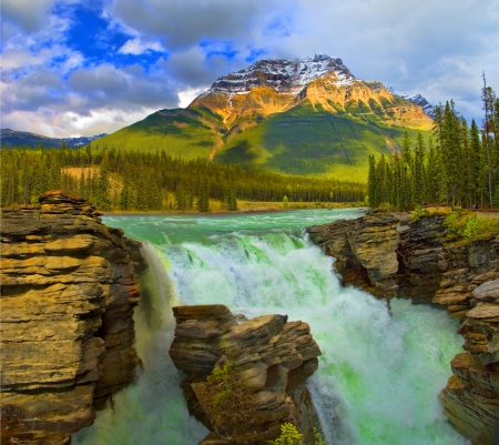 Athabasca Falls - snowy peaks, mountains, waterfall, forest, clouds, beautiful, river, jasper national park, canada