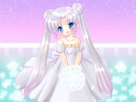 Serenity - anime, twin tail, kawaii, female, twintail, blossom, dress, long hair, happy, sailor moon, chibi, princess, princess serenity, smiling, silver hair, twin tails, bride, gown, anime girl, sailormoon, twintails, girl, flower, petals, bouquet, smile, serenity, cute, adorable