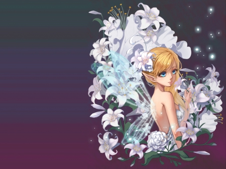 Fairy Lily - pretty, anime, female, wing, blonde, blond hair, long hair, gorgeous, blond, plain, hd, nice, abstract, anime girl, beautiful, hot, girl, simple, blonde hair, beauty, lovely, sweet, flower, lily, cg, fairy, floral, sexy