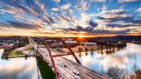 pennybacker bridge - water, sky, sunset, bridge