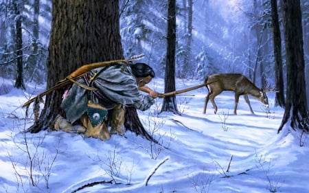 The Hunt - winter, deer, hunting, forest, man