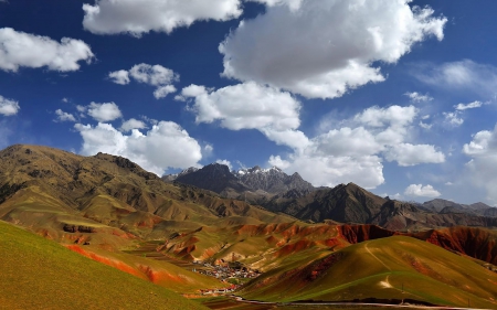 Chinese Village - village, chinese village, clouds, nature, valleys, china, mountains