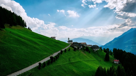 Beautiful Landscape - nature, sky, village, houses, sunshine, hills, mountains