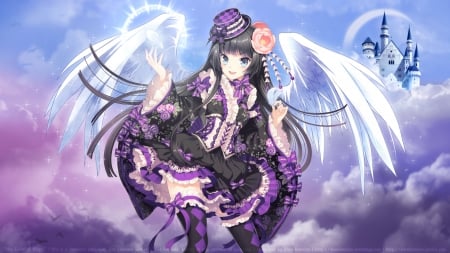 Sky Angel - angel, magic, wings, anime girl, black hair, feather, palace, scenic, long hair, sweet, dress, happy, nice, sky, female, smiling, fantasy, home, pretty, cloud, castle, anime, house, scene, girl, loli, gown, lovely, cg, hd, wing, scenery, smile, lolita