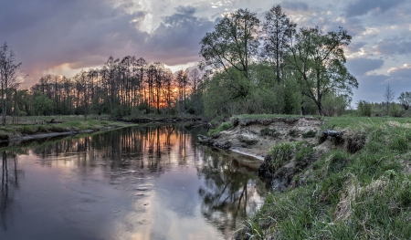 Sunset - trees, sunset, clouds, river