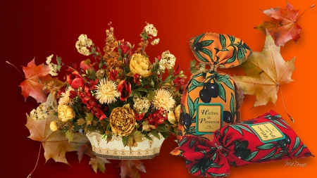 Bouquet and Spices - autumn, fall, spices, leaves, flowers, basket, bouquet, still life