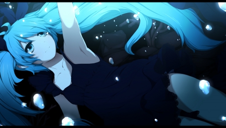 I've Found Peace - black dress, hatsune miku, vocaloid, blue eyes, anime, long hair, ponytails, underwater