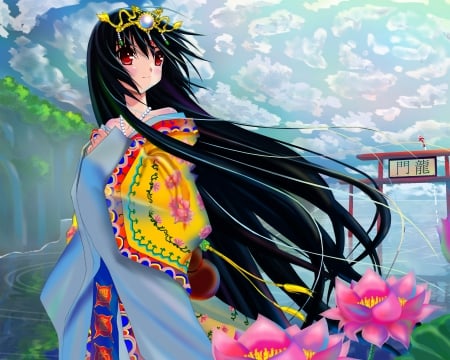 Shrine Maiden - flower, beautiful, blossom, anime girl, girl, lotus, floral, japan, pretty, shrine, beauty, sweet, anime, yukata, long hair, nice, lovely, water lily, black hair, kimono, female, japanese