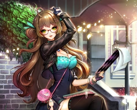 Maiden - anime, female, book, scene, maiden, dress, bag, long hair, home, sit, sitting, house, anime girl, bhot, beautiful, girl, brown hair, blouse, glasses, lady, sexy, beauyt