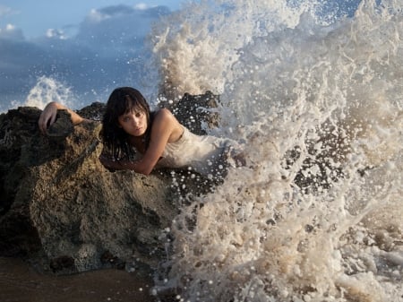 Sexy Woman - woman, stone, spray, girl, wave