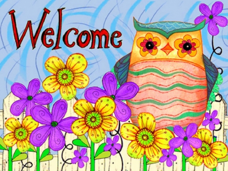 ..Welcome Owl.. - pretty, birds, creative pre-made, paintings, colors, lovely, flowers, owl, cute, love four seasons, draw and paint, animals