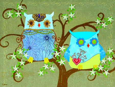 ..Friendly Ladies.. - animals, draw and paint, lovely, creative pre-made, love four seasons, pretty, friendly ladies, colors, friends, paintings, owl, flowers, cute, by jamie carter, birds