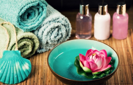 Spa - flowers, towels, blue, spa