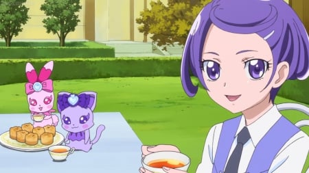 Makopi - nice, female, smiling, anime girl, pretty cure, precure, pretty, table, anime, cute, short hair, scene, adorable, girl, magical girl, tea cup, tea, purple hair, lovely, kawaii, sweet, smile, happy