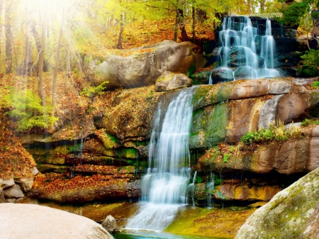 Waterfall in Autumn - fall leaves, nature, waterfall, autumn