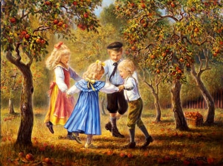 Around the Appletrees - apples, autumn, painting, artwork, children, dancing