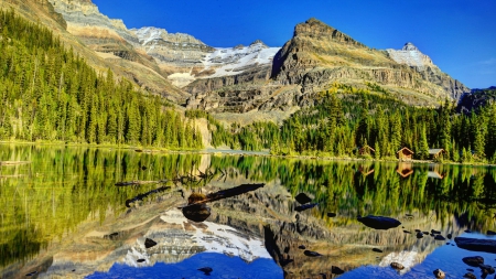 Yoho National Park - cabins, national park, beautifyl, rocks, beautiful, serenity, sky shore, calmness, reflection, yoho, trees, mountain