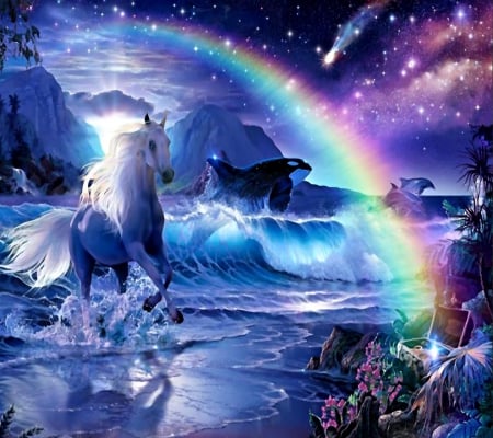 Force of nature - sea, dolphins, rainbow, horse