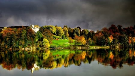 Autumn Reflections - hill, clouds, reflections, house, trees, Autumn, water, Fall, grass, reflection, lake