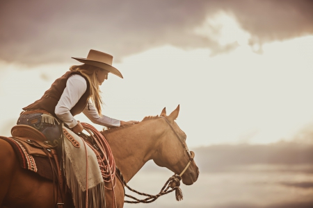 Cowgirl~Trinity Seely - trinity seely, women, fun, girls, models, female, hat, cowgirl, hats, cowgirls, singer, western, saddle, chaps, horses, clouds, style, fashion, blondes, horse