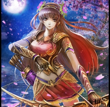 Archer Maiden - nice, beauty, female, hot, anime girl, armor, archer, pretty, petals, anime, maiden, arrow, lady, sexy, girl, long hair, lovely, cg, hd, bow, beautiful, sweet, flower