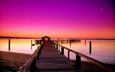 PIER with PINK SKY - sky, beach, sunset, nature, pier, pink, clouds, splendor, sand, sea