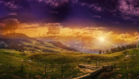 Switzerland - sunset, distance, Switzerland, splendor, landscape, processing, mountains