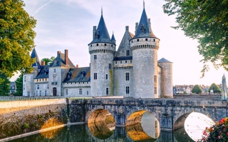 Sully Sur Loire Castle, France - bridge, landscape, reflection, castle