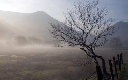 Sad landscape - winter, landscape, scene, wire fence, forest, fence, mist fog, village, fall, nature, autumn, ranch, field, mountains, farm, wallpaper