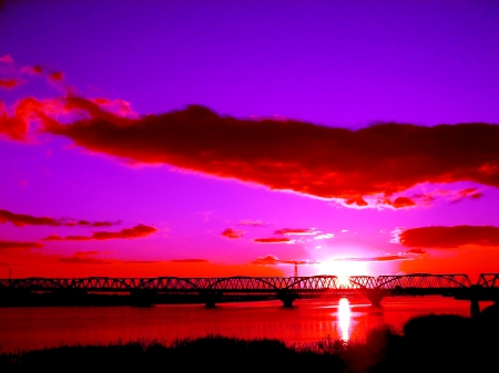 SUNDOWN - sunset, bridge, clouds, river