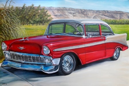 Chevy Oil Painting - two tone, chevy, air, bel-