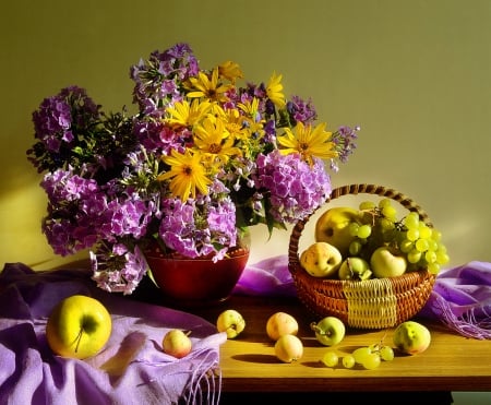 Still life with fruits - autumn, veil, fruits, pears, bouquet, summer, basket, still life, apples, pretty, beautiful, grape, flowers, lvoely, harmony