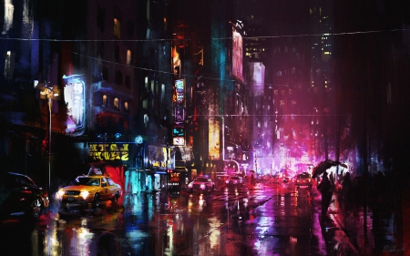 City Lights - rain, night, cars, road, stores, umbrella, city, lights, signs